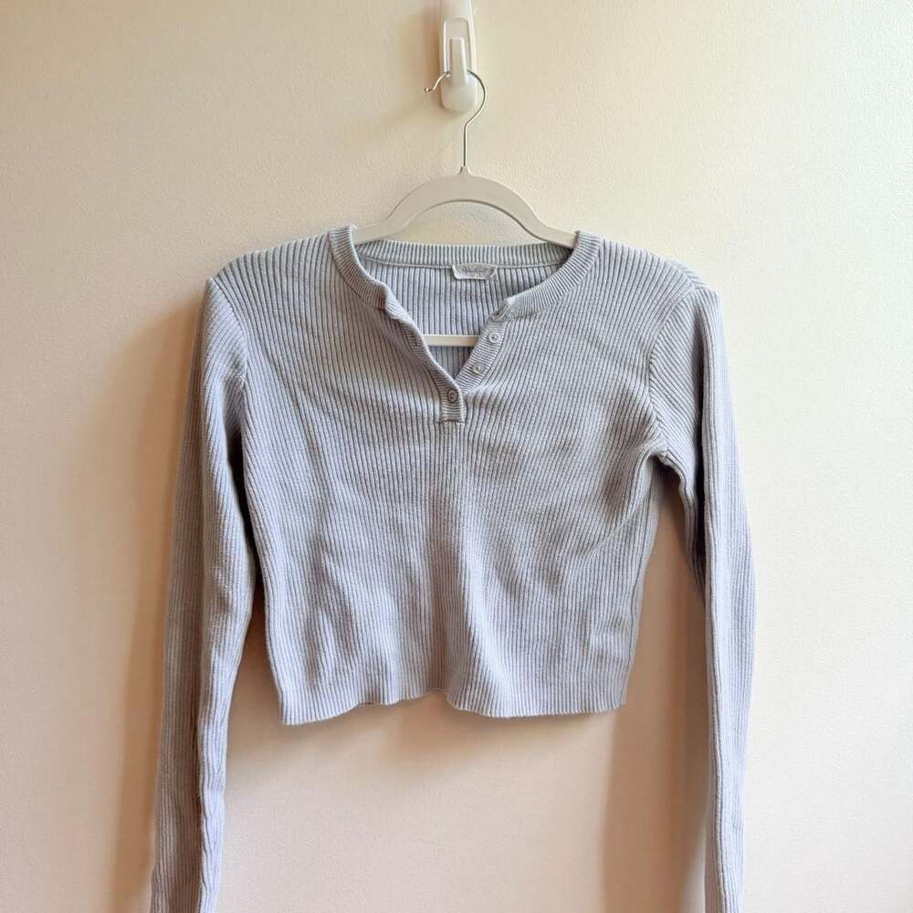 Brandy Melville Baby Blue Ribbed Long Sleeve Button Top
